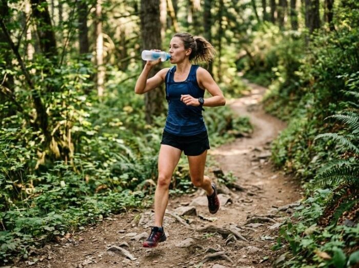 Ausdauerläuferin trinkt beim Trailrunning aus einer Flasche